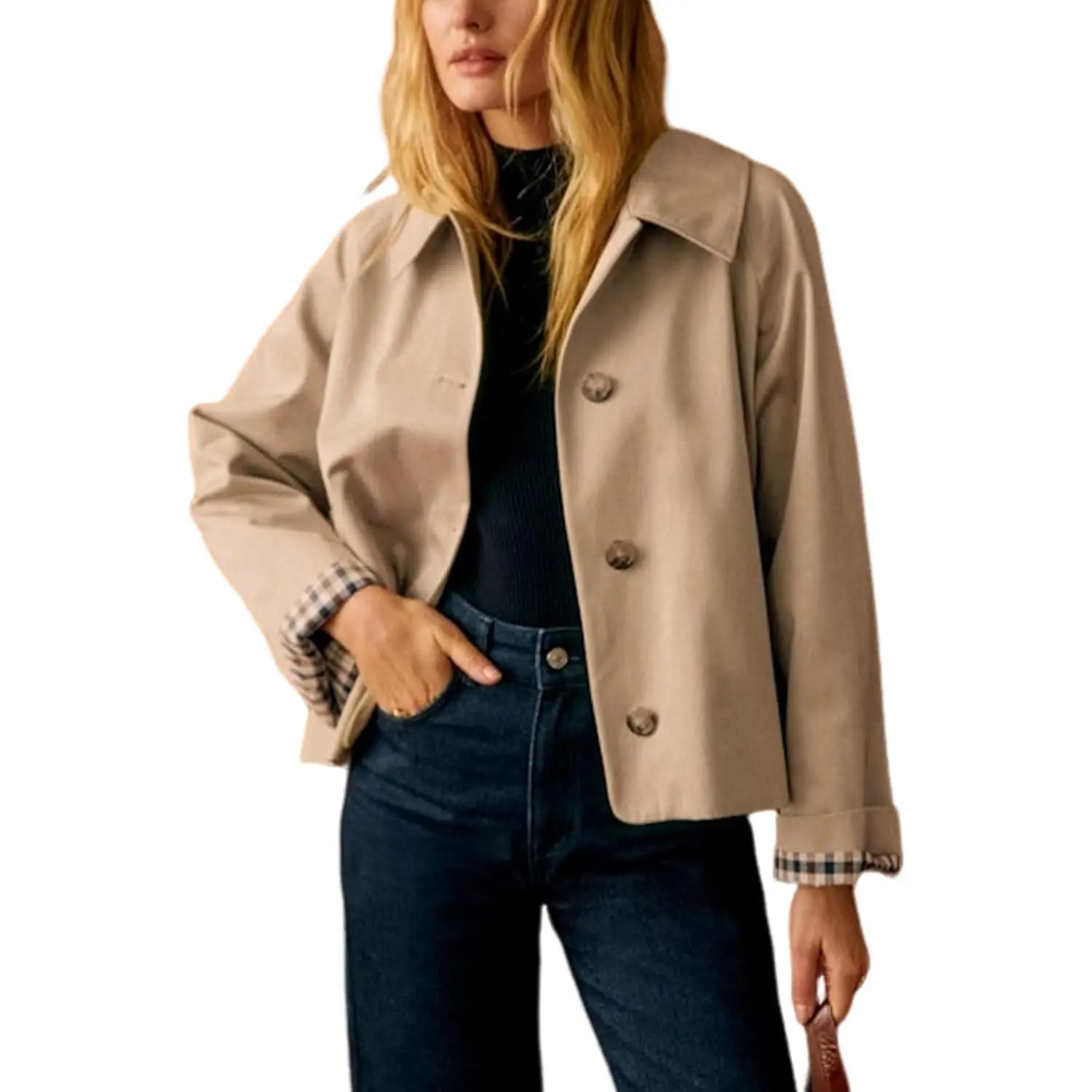 Women Oversize Trench Coat Plaid Lining Lapel Button Down Casual Crop Jacket Outwear with Pockets
