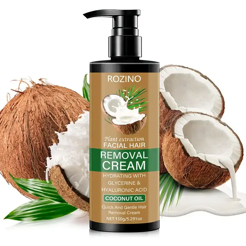 ROZINO Facial Hair Removal Cream with Coconut Oil - Gentle Body Care Formula with Glycerin & Hyaluronic Acid, Fast-Painless Hair Removal for Soft, Smooth Skin, Cosmetic, Cream Form