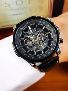 1pc Sports Skeleton Automatic Mechanical Watch for Men Luminous Hands Top Brand Leather Strap Business Casual Mens Watches