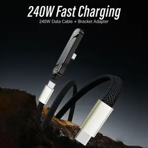 240W Super Fast Charging Cable with Invisible Phone Holder Stand, 2-in-1 Rotatable Charger Cord for Gaming, Car & Travel, Universal for iPhone, Samsung, Type-C & Lightning, Black Long Flat Design