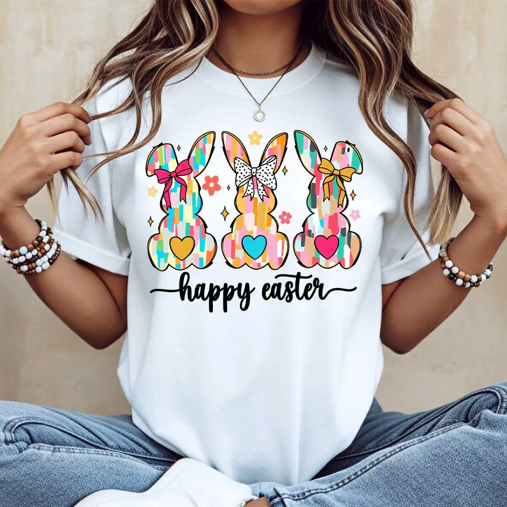 Easter Bunny Pattern And Happy Easter Text T-Shirt White Casual Round Neck Tee For Spring Holiday Celebration