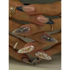 24PCS Elegant Navy Blue Gradient Almond Nails – Gold Pearl Edge Press-On Nail Set!