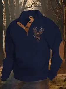Men's Fall Winter Textured Knit Sweater, Deer Pattern Print, Casual Polo High Neck, Long Sleeve, Fitted Style, Outdoor Leisure Wear