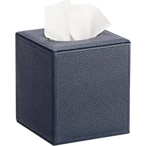 Tissue Box Cover Square Tissue Box Stylish PU Tissue Box Holder with  Bottom,Leather Cube Tissue Cover for Living Room Bathroom Bedroom Table Desk  Office , Navy Blue