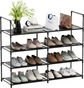 4 Tiers Shoe Rack Organizer for 16-20 Pairs Stackable Durable Shoe Storage Shelf in Black for Closet Entryway