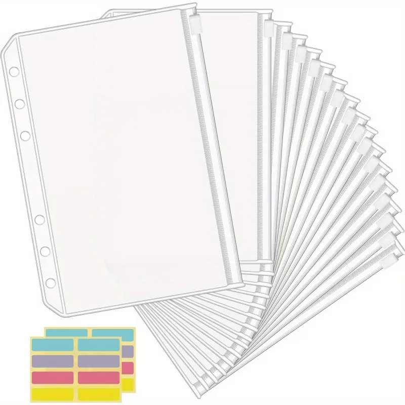 12Pcs  transparent PVC zippered loose-leaf pockets, A5/A6 size, 6-ring design, budget-friendly waterproof cash envelopes, labelled document storage - durable and versatile organisational accessories, financial organisation | visible content storage