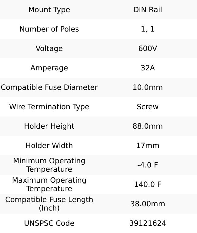 Schneider Electric 1 Pole, 600 Volt, 32 Amp, DIN Rail Mount Fuse Holder Compatible with 38mm Long x 17mm Wide and 10mm Diameter Fuse DF101