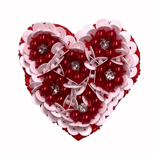 White Red Heart  Beaded Rhinestone Patch - Embroidery, Sewing Accessory for Fabric Craft Projects