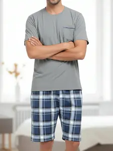 Men's Spring Summer Sleepwear Set, Casual Round Neck Solid Color Short Sleeve T-Shirt and Blue Plaid Long Pants, Comfortable Men's Pajamas