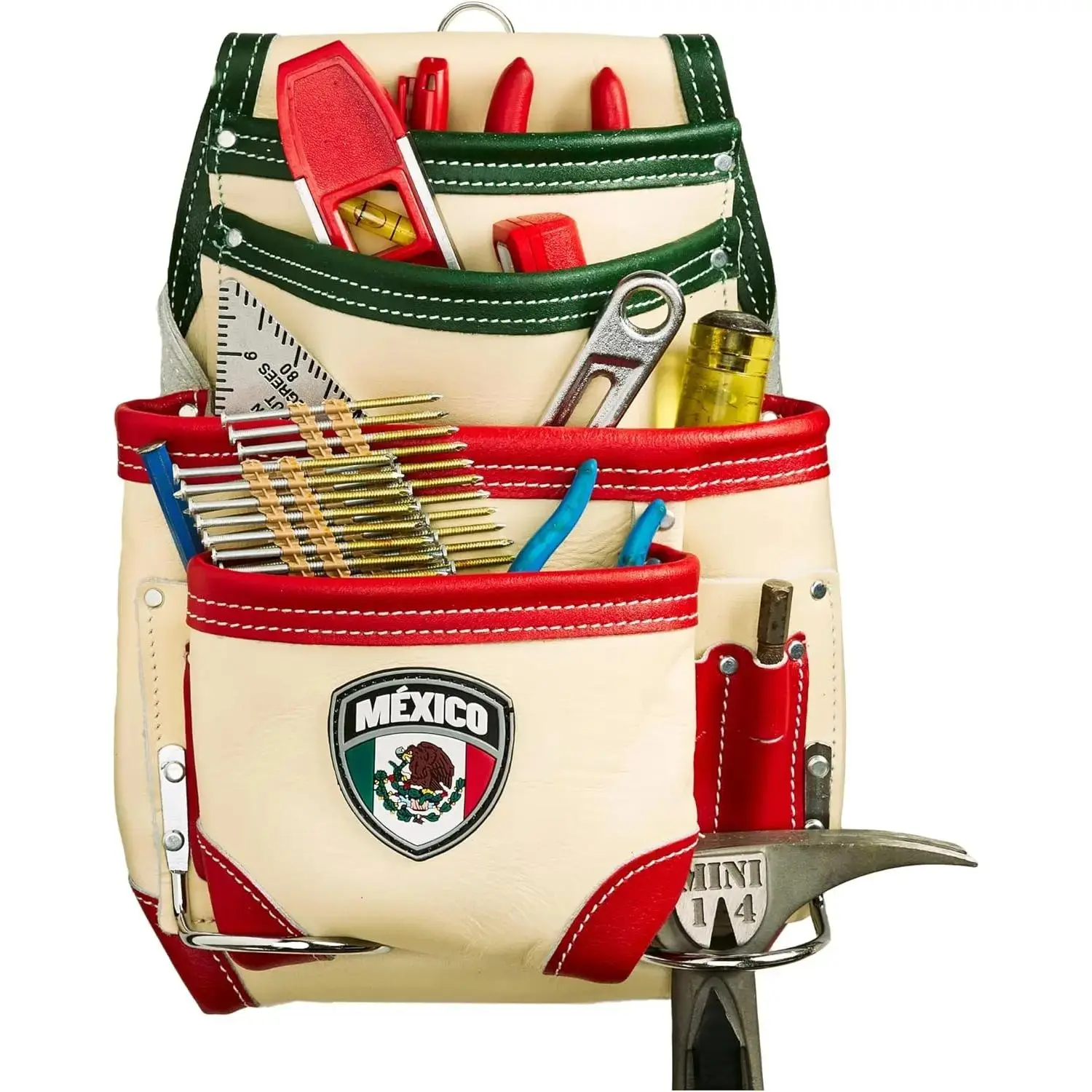 Heavy Top Grain Leather Carpenter Tool Bag Organizer - Belt-Mounted Heavy Duty Tool Bag for Carpenters, 10 Pockets, 2 Hammer Loops, Double Stitching, Large/Small Compartments, Fits 3" Wide Belts, Handcrafted, Country-Themed