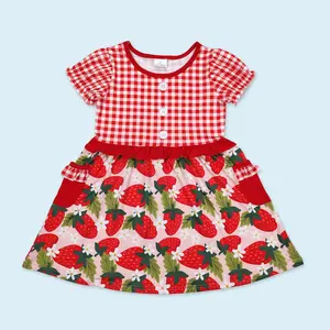 Strawberry design kids girls short sleeve pocket dress