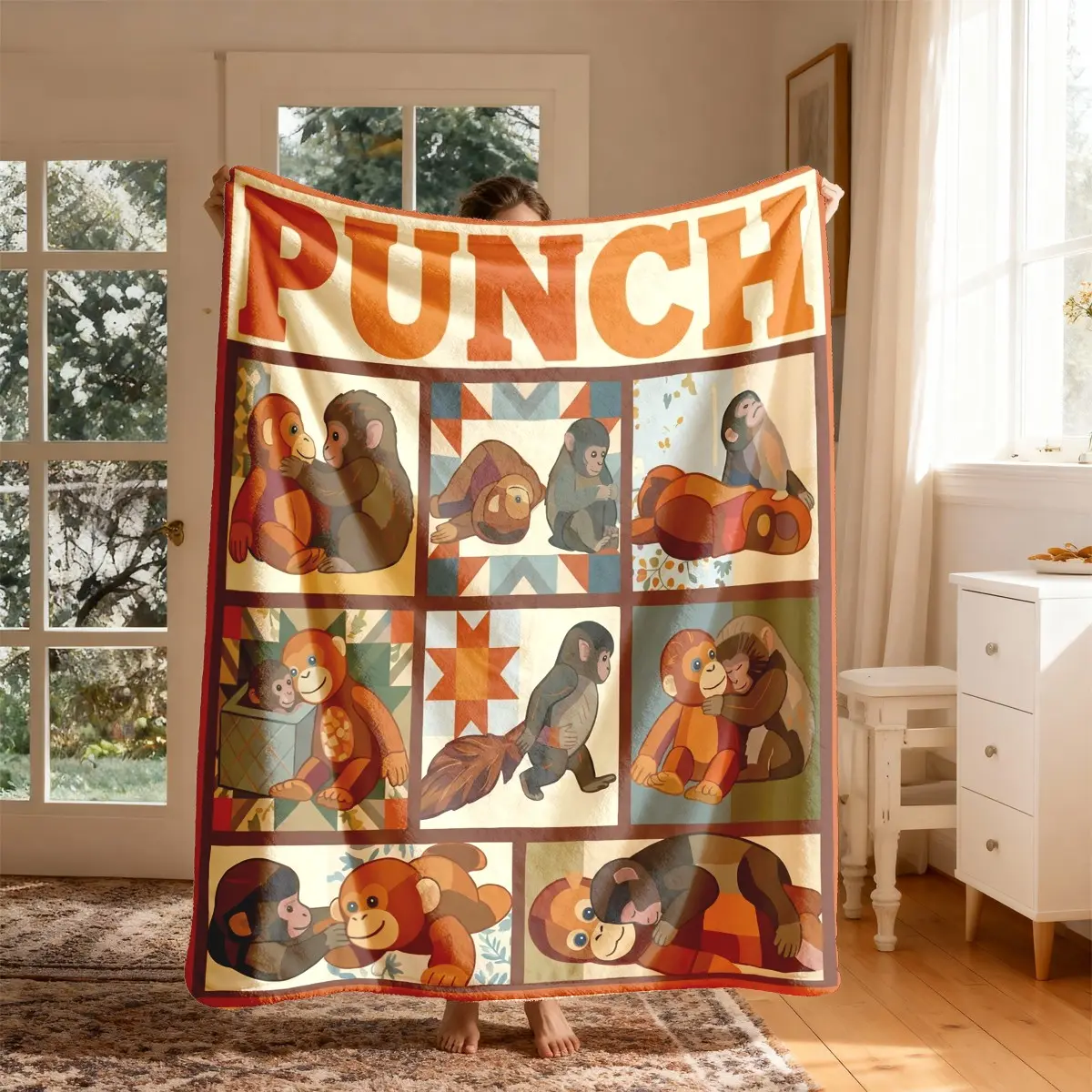 Vintage Monkey Punch Patchwork Flannel Throw Blanket, Large Size, Soft Lightweight Warm, Perfect for Bed Sofa Office Camping Travel Gift