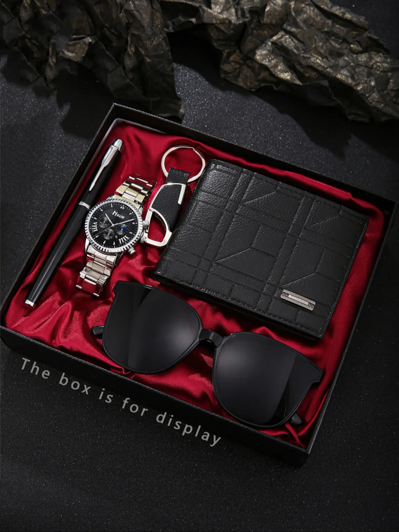 Cool Fashion Men's Quartz Watch Set 5pcs, Glasses + Wallet + Pen + Keychain, Perfect Gift for Daily Use, Holidays, Back-To-School