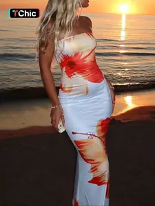 Women's Floral Print Tube Dress, Casual Strapless Long Dress for Summer, Fashion Women's Dress for Beach Holiday, Womenswear