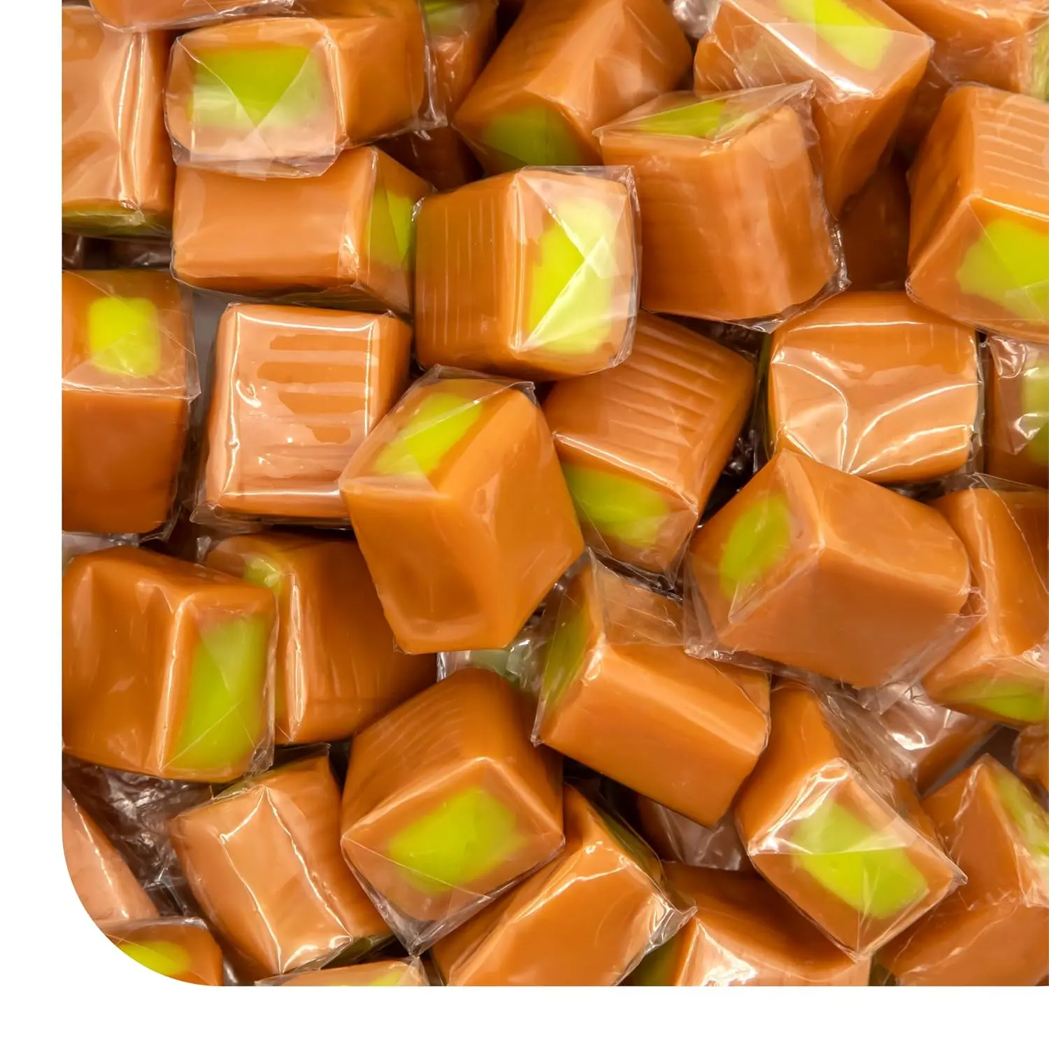 Caramel Cubes Candy with Green Apple Filling - 2 lb Bag, Approx. 150 Individually Wrapped Chewy Vanilla Caramel Snack, Sweet Treat for Candy Bowls, Parties