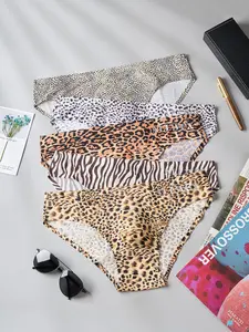 Men's Leopard Print Underwear Set, Low Waist High Stretch Seamless Ice Silk Sexy Comfortable Breathable Casual Triangle Panties Low Waist Briefs, Stretchy Underwear