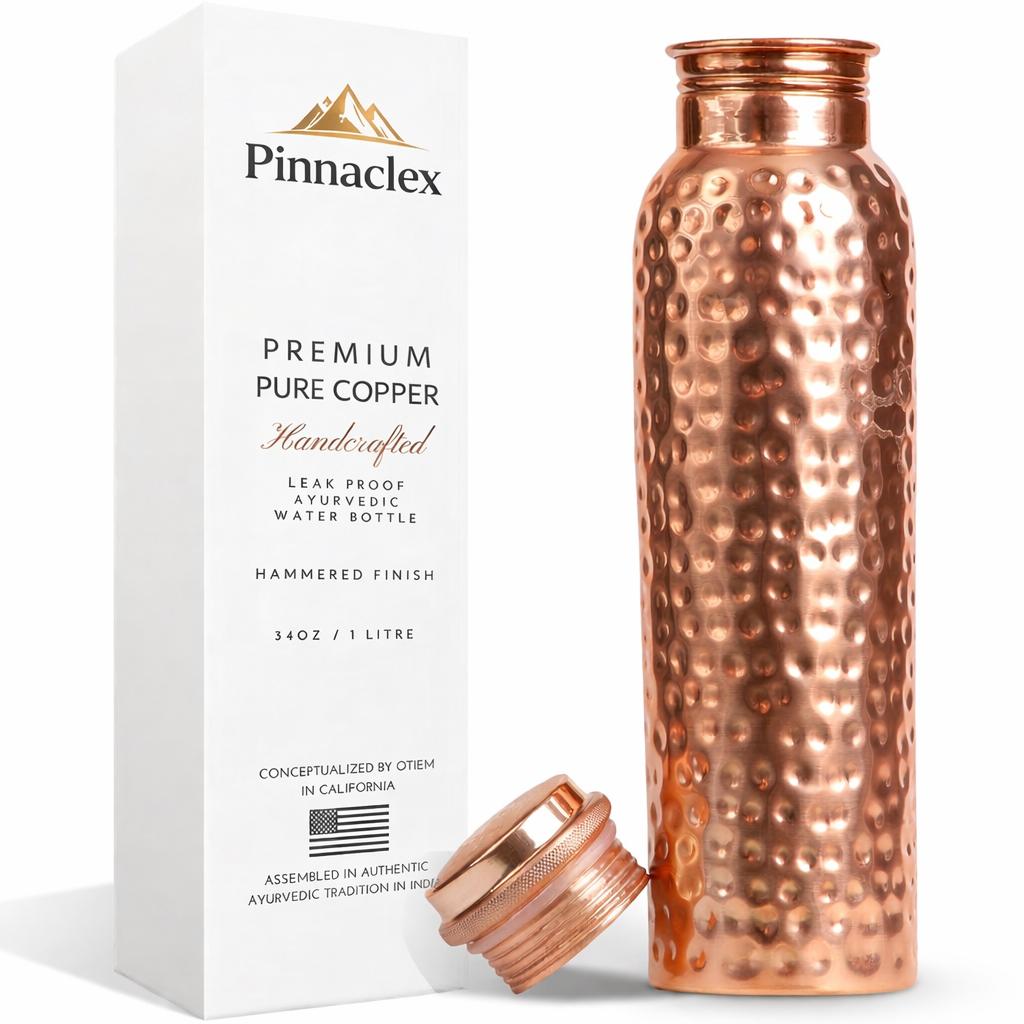 Pinnaclex New Launch Copper Water Bottle 34 Ounces | 100% Pure Copper For Ayurveda Health Benifit | Hammered Design Handmade For Drinking Water | Tested Leak Proof Lid Pinnaclex New Launch Copper Water Bottle 34 Ounces | 100% Pure Copper For Ayurveda Health Benifit | Hammered Design Handmade For Drinking Water | Tested Leak Proof Lid