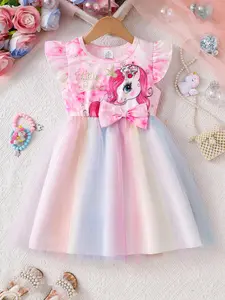 Girl's Unicorn Print Bow Decor Dress, Printed Dress, Cute Casual Fashion Dress for Daily Outdoor Wear, Kids Clothing for Summer