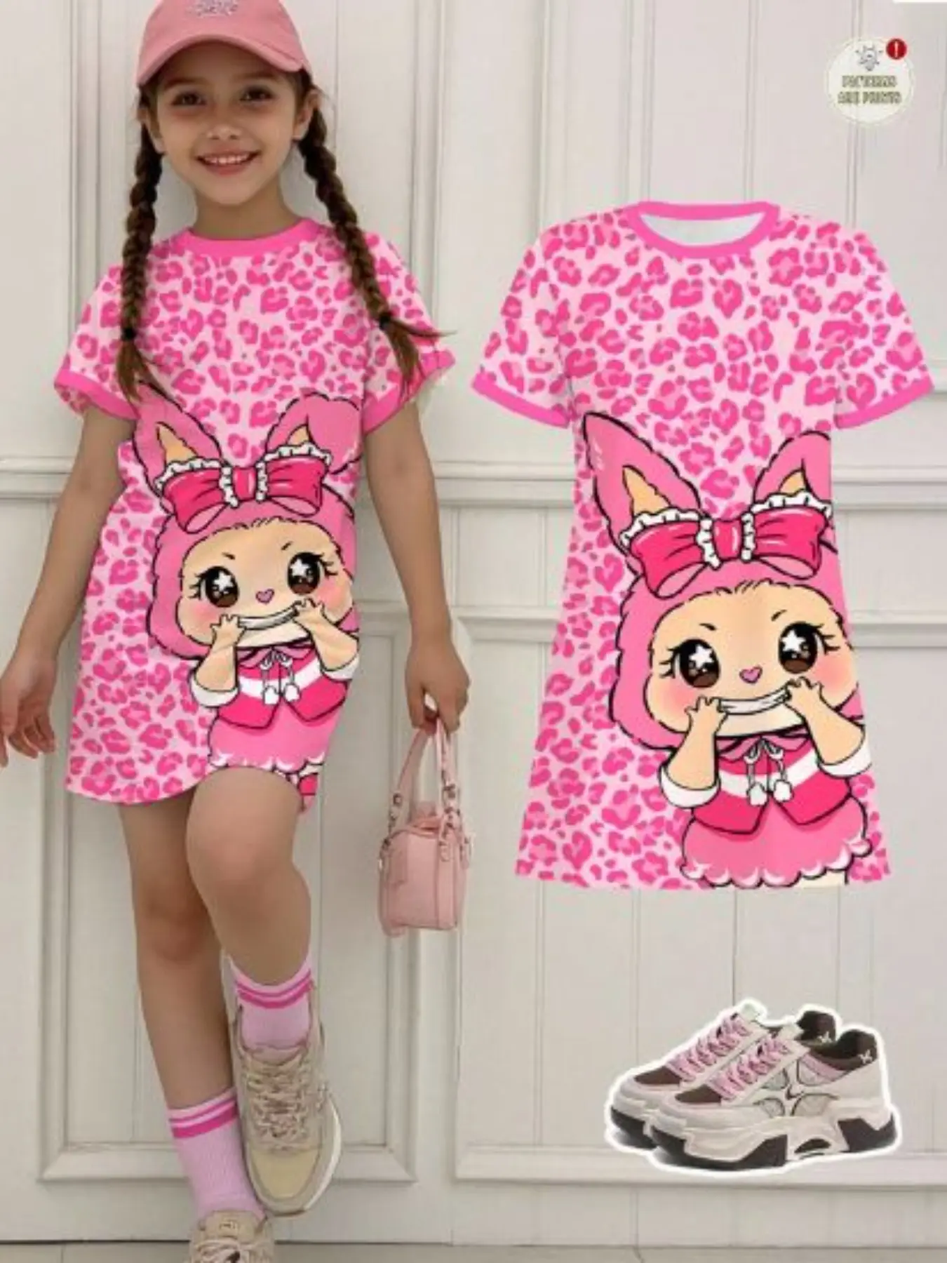 Girls' Cute Cartoon Print Dress, Loose-Fitting Summer T-Shirt & Dress, Bright Color Block, Medium-Length, Fun and Stylish, Summer Cute Dresses