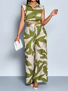 Women's Casual Elegant Two-Piece Set, All over Print Long Pants, Sleeveless Short Top, High Waist Pockets, Perfect for Leisure Travel