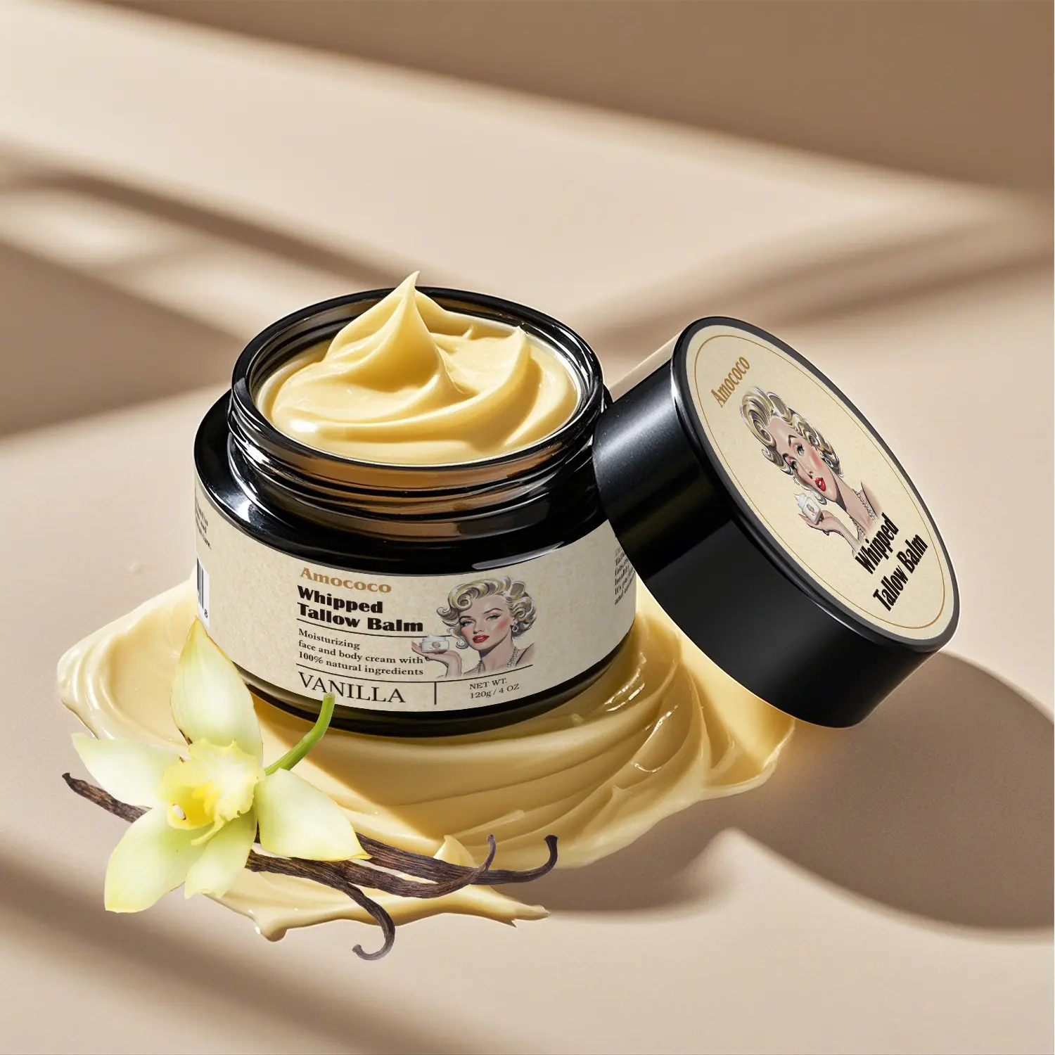 Amococo Vanilla Grass-Fed Body Cream 120g - Calming Lavender Aroma, Nourishing Moisturizer with Rich Natural Fatty Acids and Vitamins