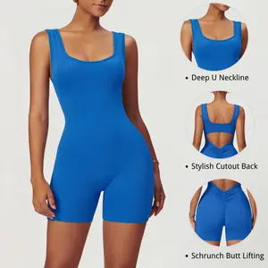 RIOJOY 2 Pack Women's Seamless Solid Color Workout Jumpsuit, Backless V Back Yoga Romper with Scrunch Butt & Tummy Control Bodycon, Sleeveless No Front Seam One Piece Bodysuits