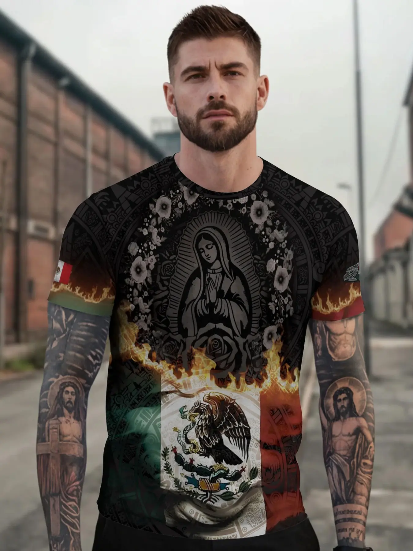 Virgin of Guadalupe Flame Mexico Flag Aztec Heritage Cultural Shirt, Menswear, Fitted Casual Style, All over Print Design for All Seasons, Unique Ethnic Pattern Shirt Top, Bold Statement Tee