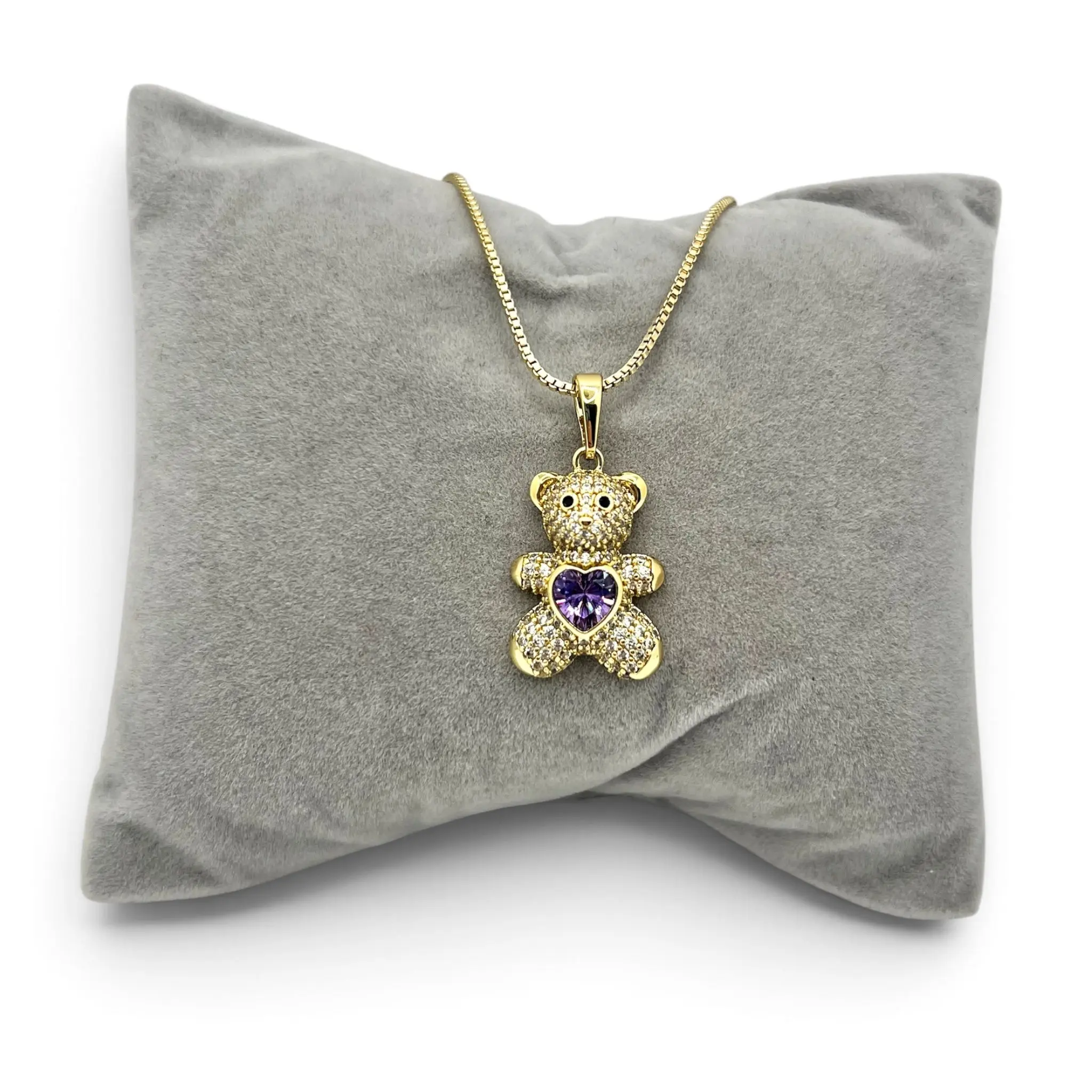 Purple Heart CZ Teddy Necklace 19.5 inches ~14k Gold Plated
