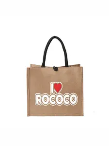 Simple Linen Tote Bag, Printed Handbag"I ❤️ ROCOCO" Printed Jute Tote Bag - Stylish Eco-Friendly Burlap Bag with Black Handle and Toggle Closure, Perfect for Shopping, Work, or Everyday Use, Great Gift Idea!Large Capacity, Reusable, Ideal Gift