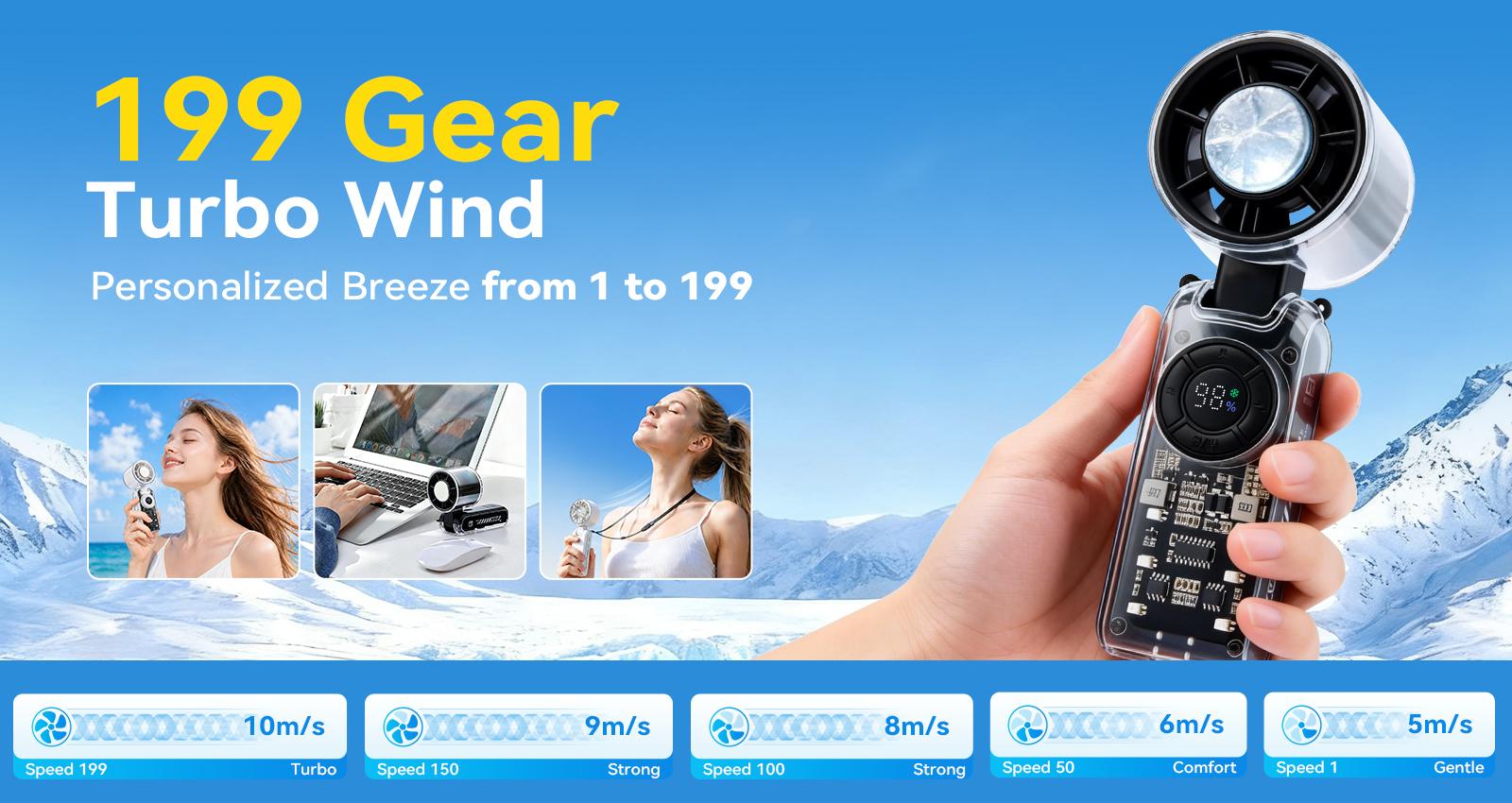 Qawtor 2026 Refrigeration Handheld Turbo Fan, 3600mAh Battery Operated, Up to 12 Working Hours, 199-Level Stepless Control with Digital Display, 5-in-1 Handheld/Neck/Desktop Cooling Fan for Travel, Dorm & Office, summervibes tiktokshop summerwins