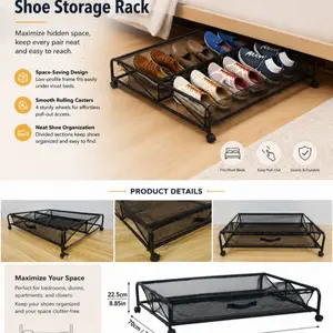 Simple shoe rack, simple shoe rack, under-bed shelf, multi-functional iron bedroom organizing and storage box, storage mesh bag with pulley shoes, room and bedroom storage, organized and tidy, clean and hygienic multi-functional storage, suitable for more