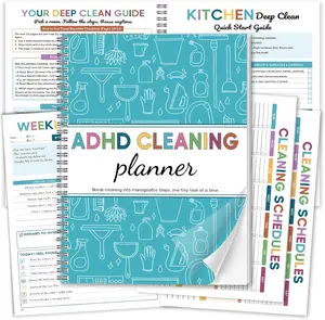 ADHD Cleaning Planner - Undated Blue House Cleaning Schedule & Chore Tracker Checklist for Adults. Dry Erase PVC Spiral Notebook for Daily Weekly Monthly Home Management