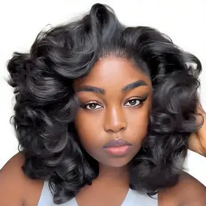 Sway Hair 13x4 Lace Front Bouncy Loose Body Wave Bob Wig 100% Brazilian Virgin  Hair Human Hair Short Bob Wig with Body Loose Wave for Women, 180% Density, Natural Look, Suitable for all skin tones，Can Be Dyed & Styled, Loose Body curly Wigs Black