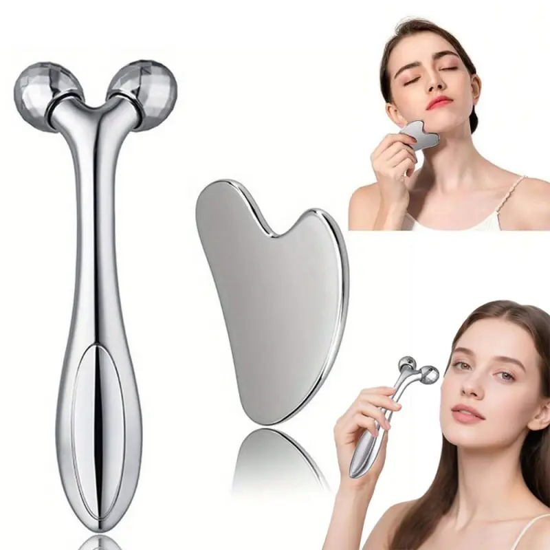 2 Pack Face Body Roller Massager 3D Y Shape Facial Lifting Tool Tightening Double Chin Reducer Beauty Device Facial Roller Set for Face and Body Facial Beauty Machine Facial Care Instrument Facial Tools Silver Beauty Equipment