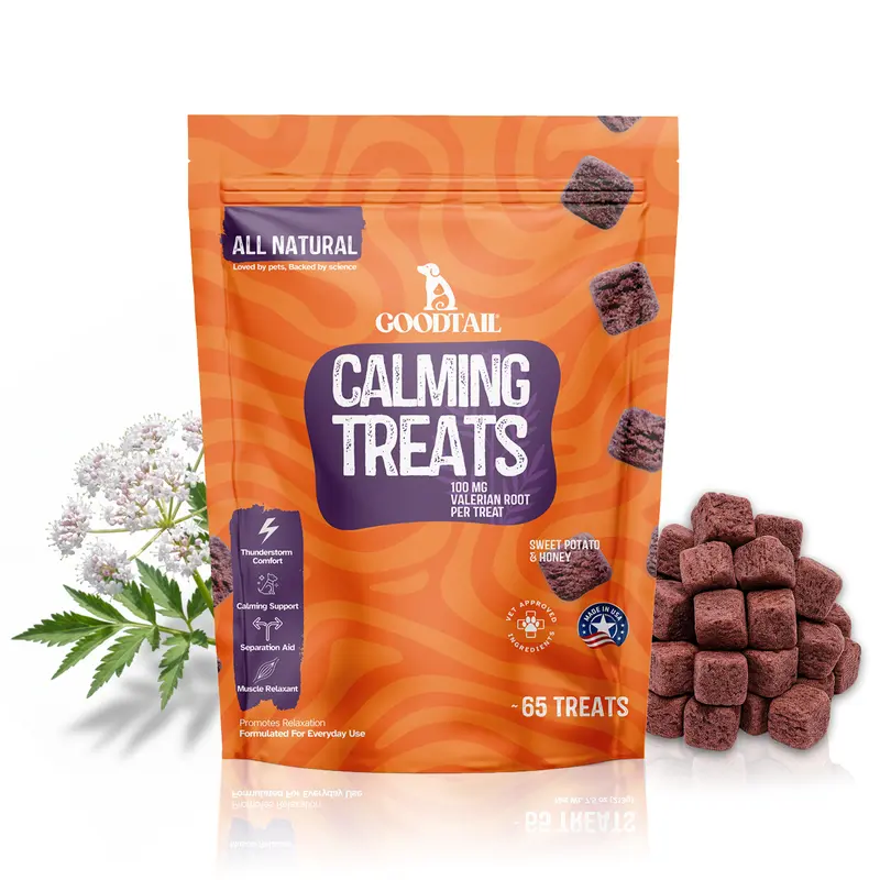 Goodtail Calming Treats for Dogs & Cats - 65 All-Natural Baked Treats W/ 100mg Valerian Root for Stress Relief & Digestion Support - Sweet Potato, Flaxseed, Olive Oil, Ginger, Valerian Root - Mess-Free, Dry-Touch Formula - USA Made