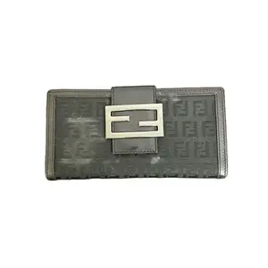 Pre-owned FENDI canvas Clutches & Wristlets Vintage Black Zucca Monogram & Leather Double F Buckle Long Bifold Wallet, Card Holder