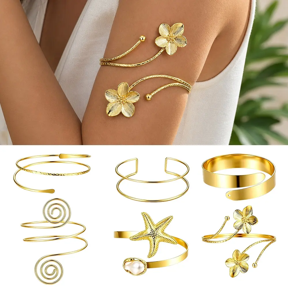 6PCS Gold Arm Cuff Bracelets for Women, Boho Statement Gold Upper Arm Bangle Band Armlet, Open Adjustable Cuff Bracelet Set Stackable Jewelry