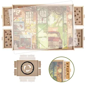 All4jig 1000/1500/2000 Piece Rotating Wooden Puzzle Board with Drawers and Cover, 26"x35"Portable Wooden Jigsaw Puzzle Table for Adults Portable, Lazy Susan Spinning Puzzle Boards