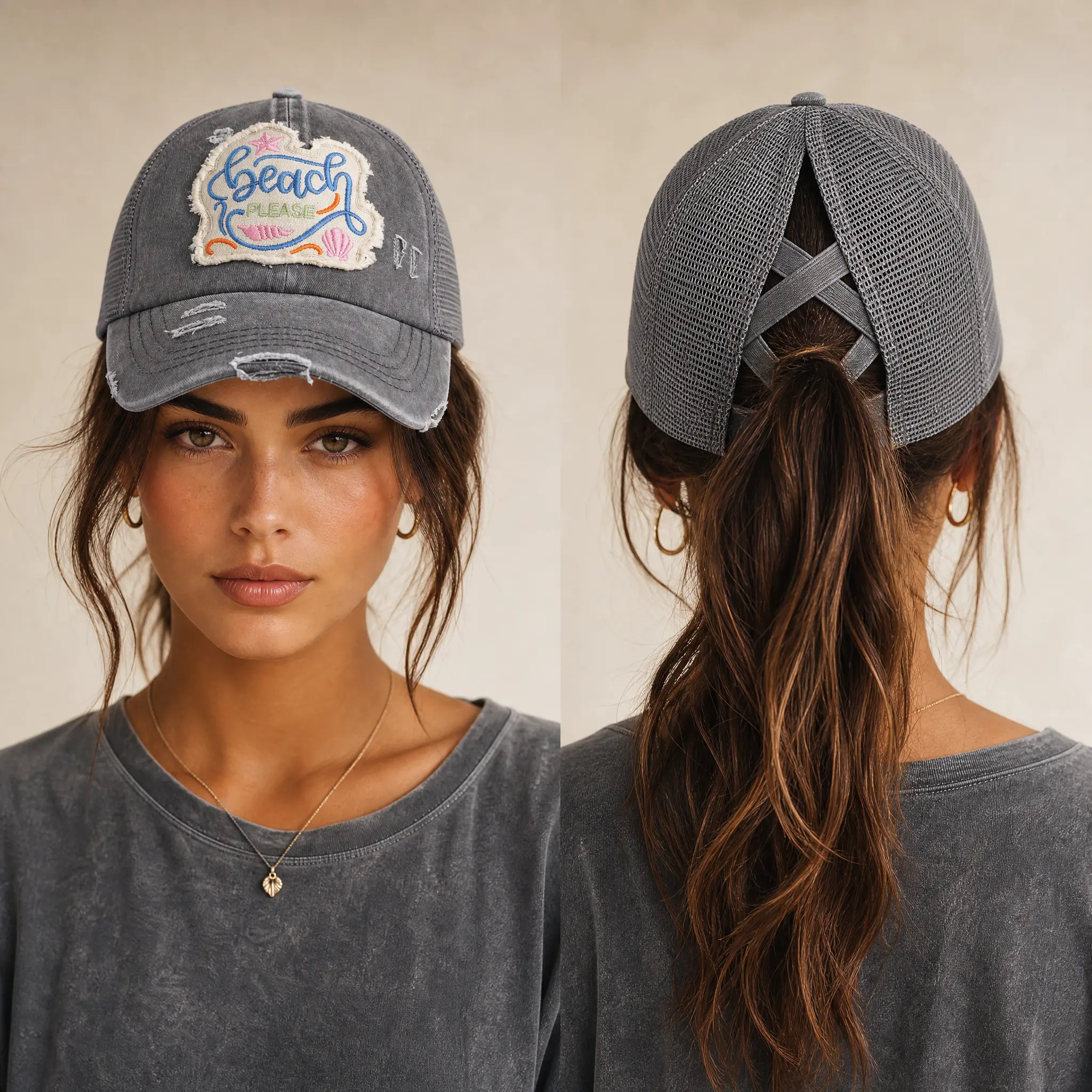 Beach Please Distressed Pony Cap for Women – Embroidered Summer Mesh Trucker Hat