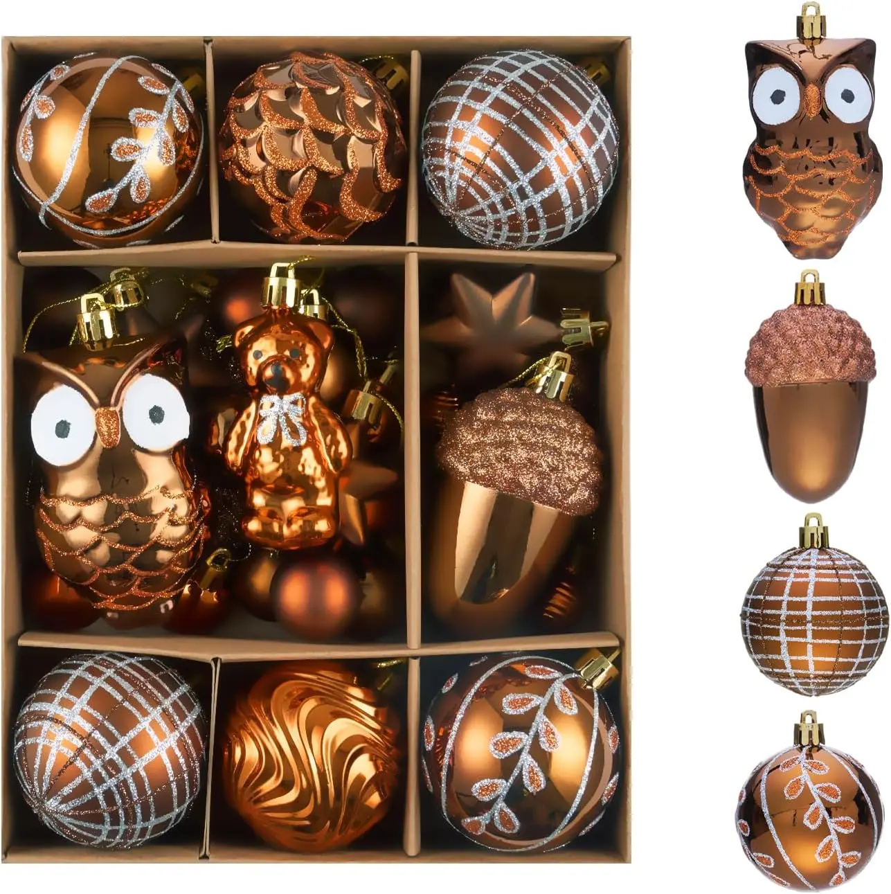 Christmas Ball Ornaments Set for Tree Decorations, 36ct Vintage Brown Bronze Copper Rustic Woodland Shatterproof Plastic Xmas Balls Fall Decor Hanging Ornament Bulk for Village Farmhouse Holiday