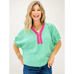 Gingham Short Puff Sleeve Top with Scalloped Trim Accent