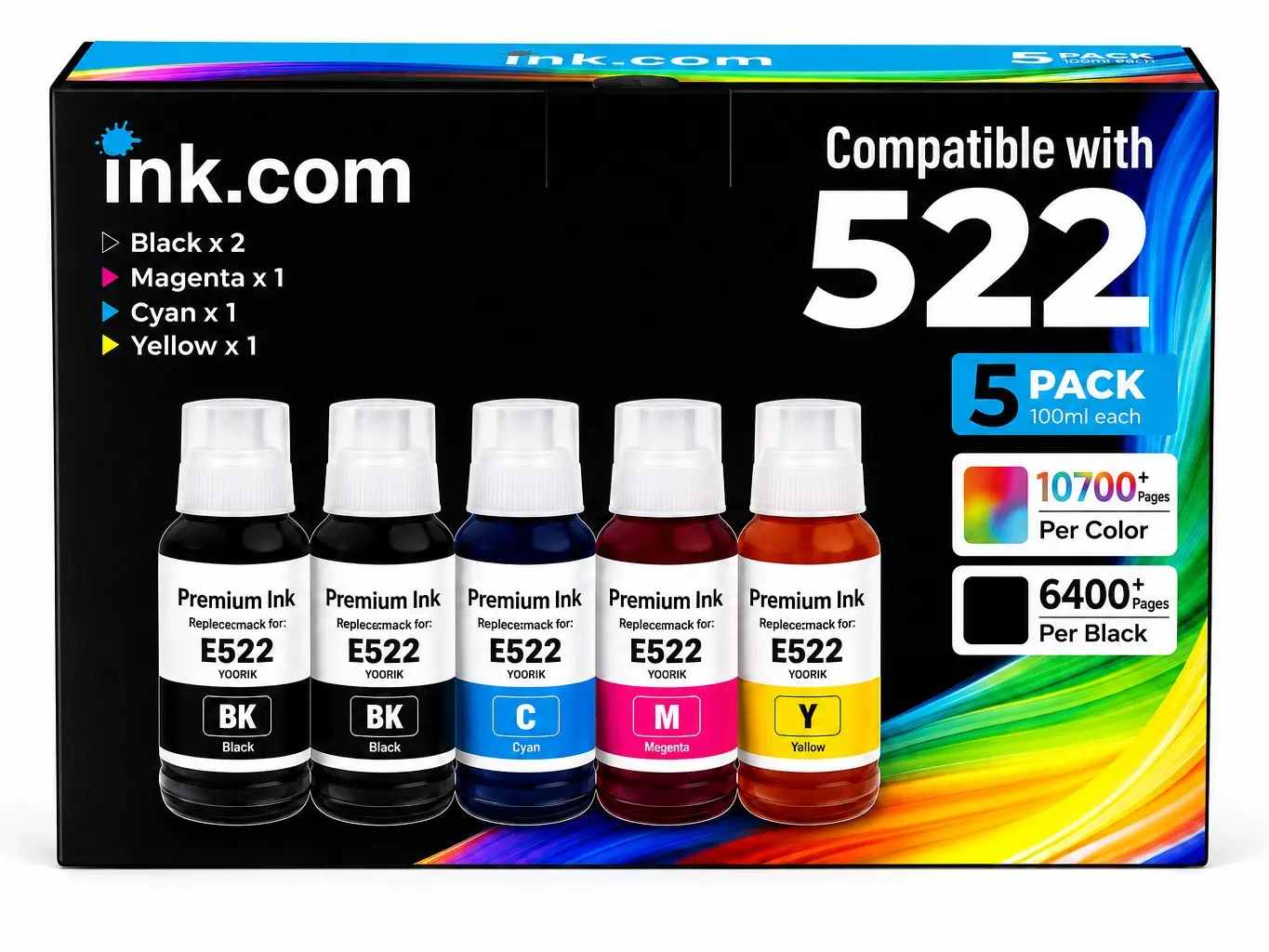 Ink.com 5-Pack High Capacity Ink Cartridge Refills - Refillable Ink, Spill-Proof, Easy-to-Use Design, Long-Lasting Supply, Cost-Reducing Replacements with Cyan for Epson ET-2803, ET-2800, ET-2720, ET-4800 Printers (Crisp Black Text, Vibrant Color Output)