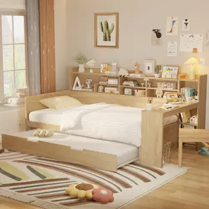 【Bellemave】Wooden Twin /Full Size Daybed with Storage Shelves, Multi-functional Bed with Twin Size Trundle Bed and  Study Desk, Natural