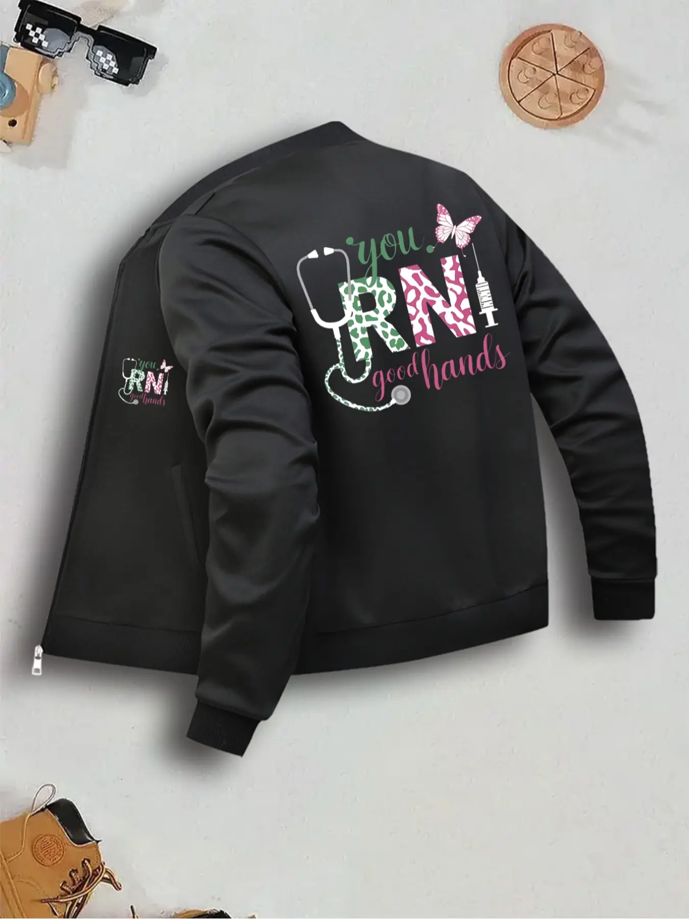 Women's Lady Letter Print Casual Fashionable Jacket Coats with Long Sleeve, Zipper Closure, Fitted Design for Fall & Winter, Daily Wear Outerwear with Pockets, Womenswear