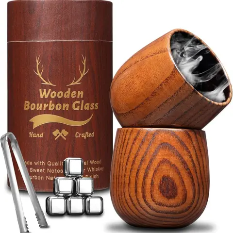 2PCS Handmade Flame-Charred Natural Hardwood Whiskey Glasses - Insulated Wooden Tumblers with Grain Texture, Smoky Notes, Drinkware for Bourbon, Ideal Gifts for Him/Husband, Wedding/Father's Day Presents