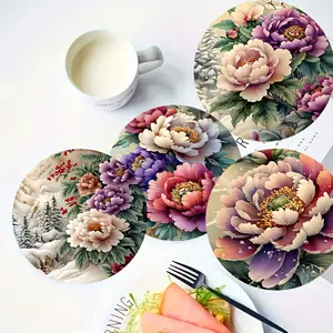 6-piece artistic Aesthetic wooden coaster, designed with Chinese peony flowers, used as a decorative beverage mat for coffee and tea cups, suitable for home and restaurant decoration, perfect holiday gift, without gift box.