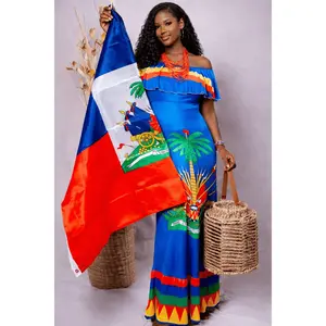 Women Off Shoulder Polynesian Haitian Flag Print Maxi Dress Summer Party Casual Two Pieces Sundress Dresses