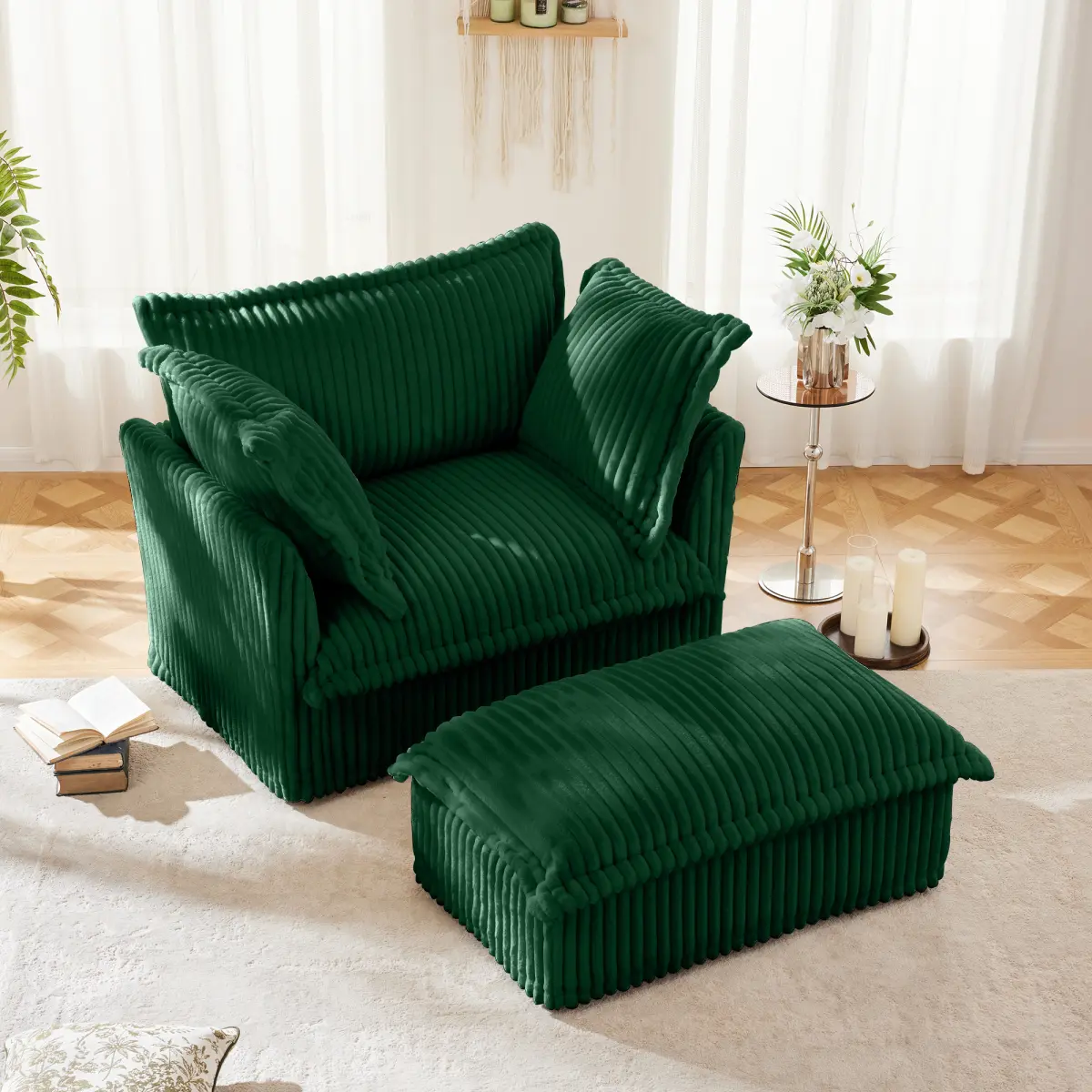 Modern Single Sofa Chair with Ottoman, 49" Slipcovered Armchair Oversized Upholstered Accent Chair, Comfy Cloud Deep Seat Sofa with 2 Throw Pillows for Living Room Apartment, Corduroy Fabric