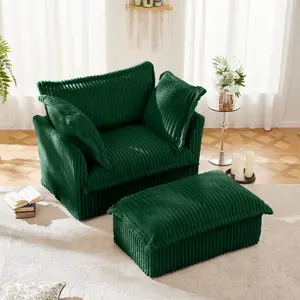 Modern Single Sofa Chair with Ottoman, 49" Slipcovered Armchair Oversized Upholstered Accent Chair, Comfy Cloud Deep Seat Sofa with 2 Throw Pillows for Living Room Apartment, Corduroy Fabric