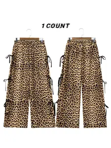 Women's Leopard Print Bow Tie Casual Wide Leg Pants, Stylish Loose Fit Sports Trousers for Autumn & Winter Fashion, Chic Everyday Wear